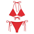 Women's red bikini set with triangle top and side tie bottom from LuckeLadybug LLC