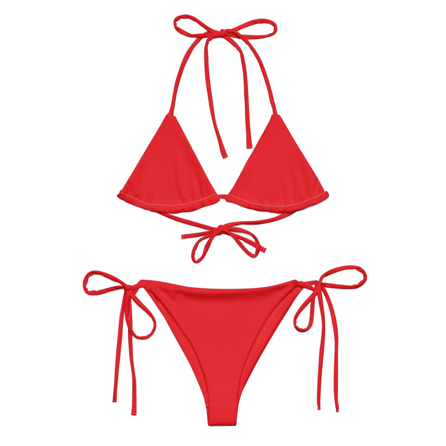 Women's red bikini set with triangle top and side tie bottom from LuckeLadybug LLC