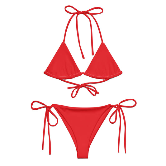Women's red bikini set with triangle top and side tie bottom from LuckeLadybug LLC