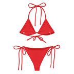 Women's red bikini set with triangle top and tie-side bottoms by LuckeLadybug LLC