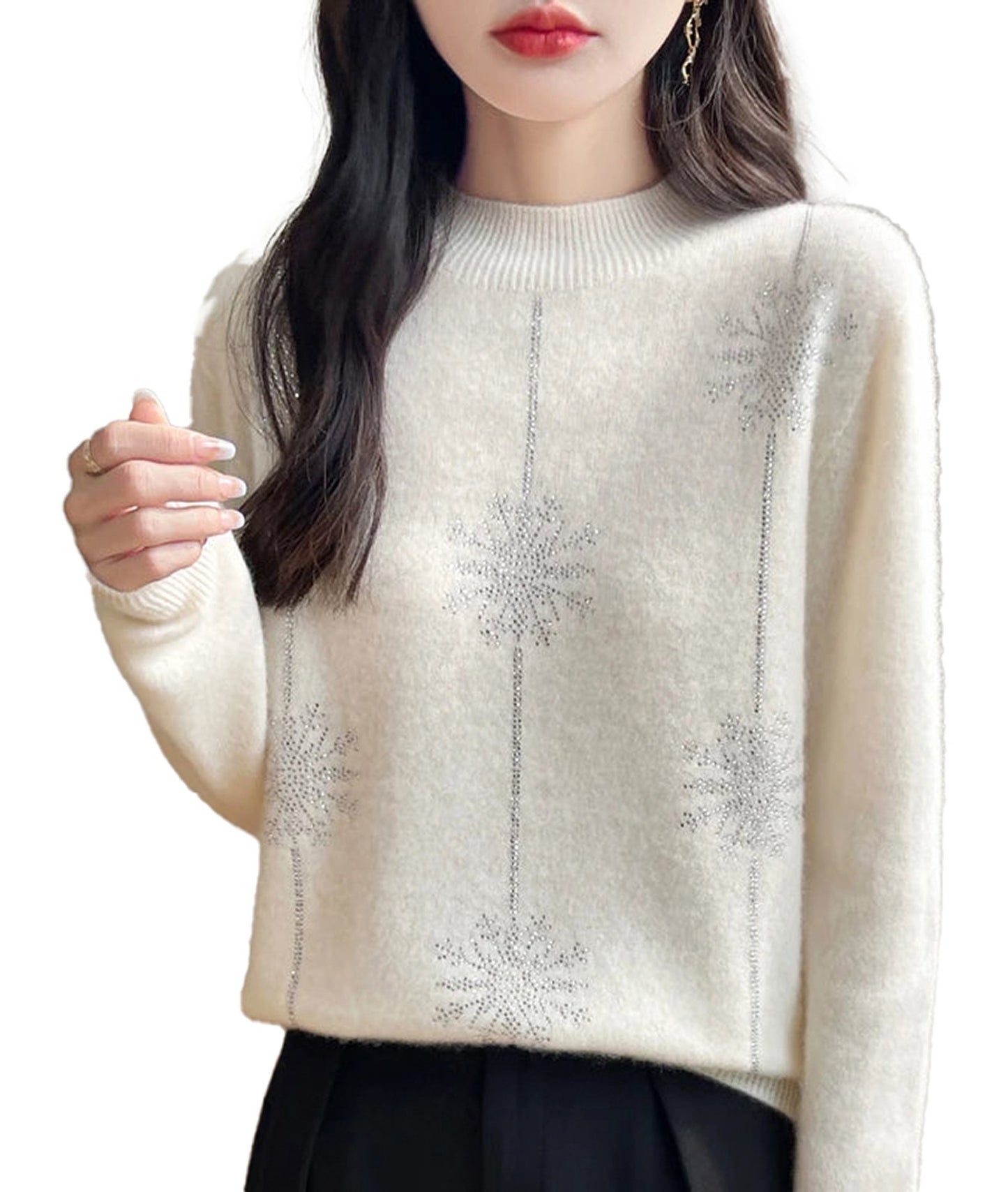 Chic women's red Christmas sweater with silver snowflake design perfect for holiday gatherings