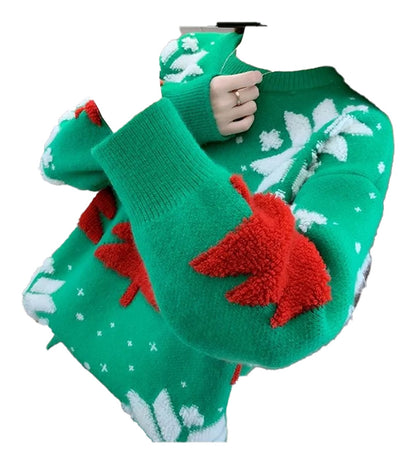 LuckeLadybug women's red Christmas sweater with festive green and red leaf designs
