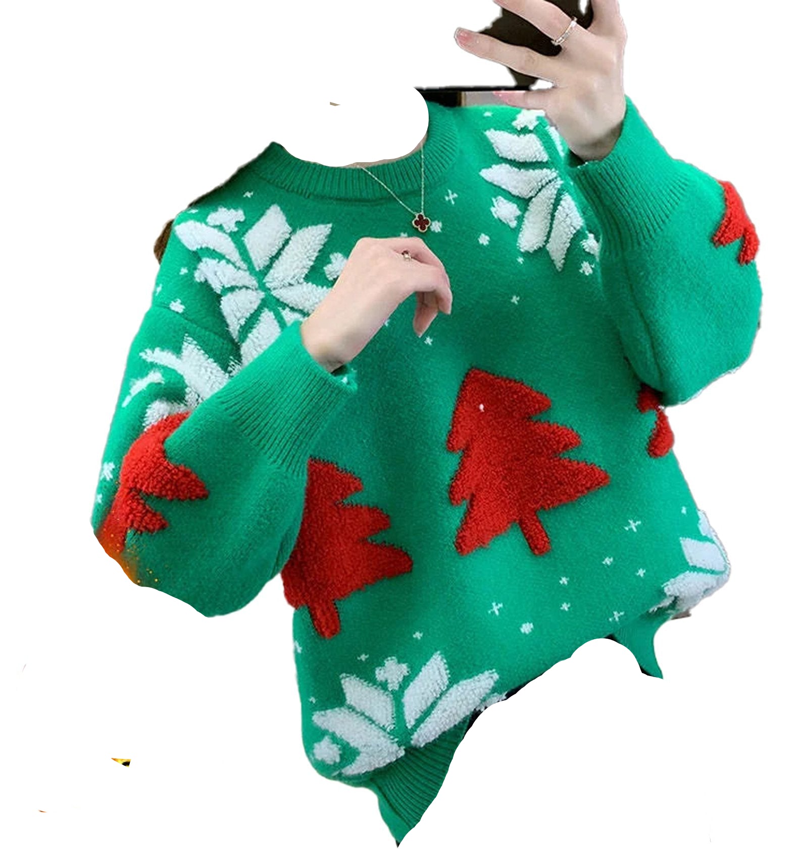 Women's red Christmas sweater in green with festive tree and snowflake designs for holiday celebrations