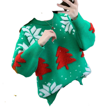 Women's red Christmas sweater in green with festive tree and snowflake designs for holiday celebrations