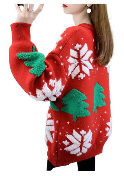 Women's red Christmas sweater with snowflake and tree designs for festive holiday wear