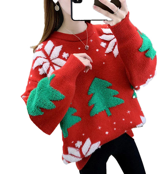 Women's red Christmas sweater with green tree and snowflake patterns for festive holiday wear