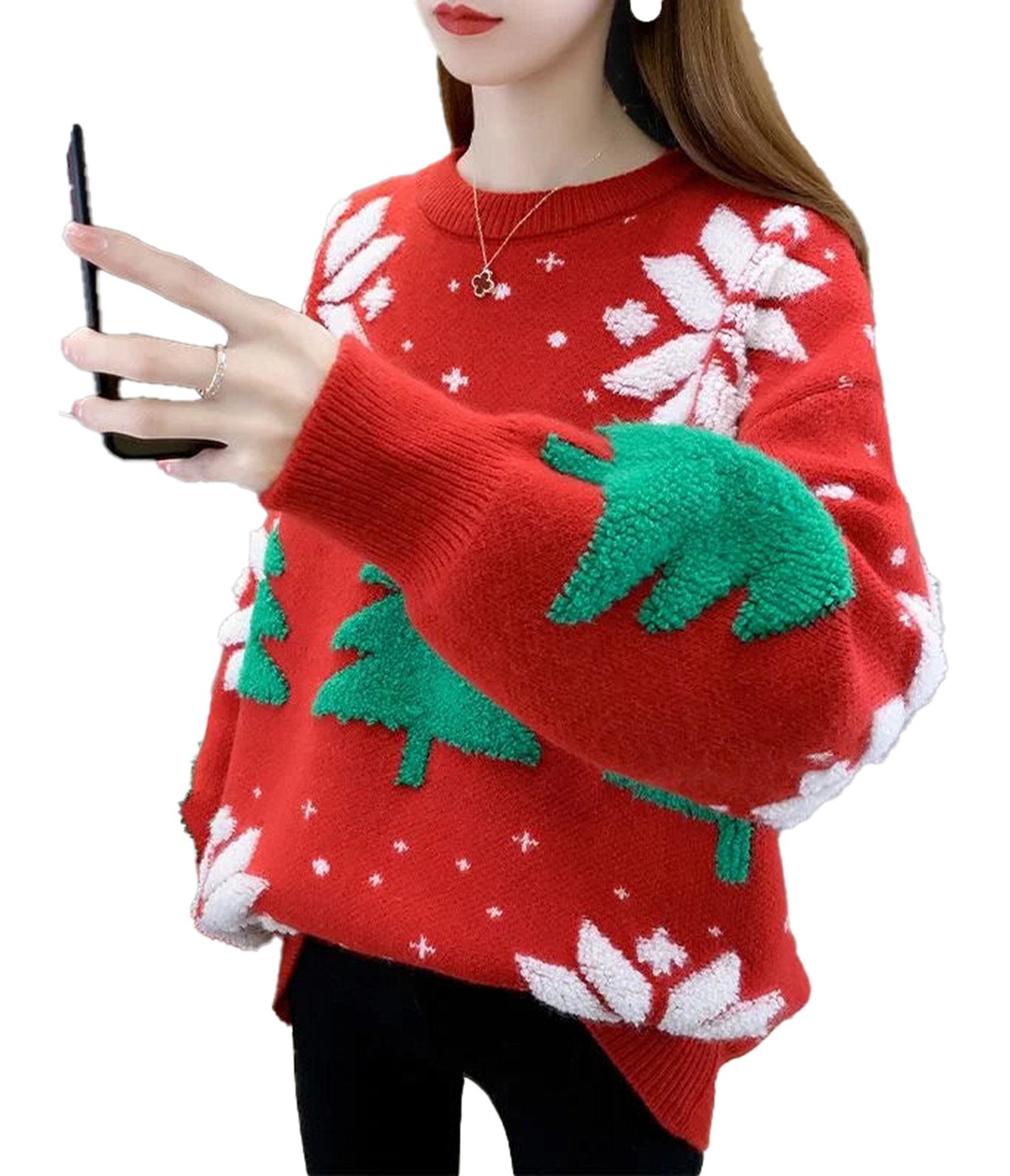 Women's red Christmas sweater with festive tree and flower patterns for holiday celebrations