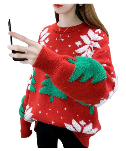 Women's red Christmas sweater with festive green trees and white snowflakes for holiday celebrations