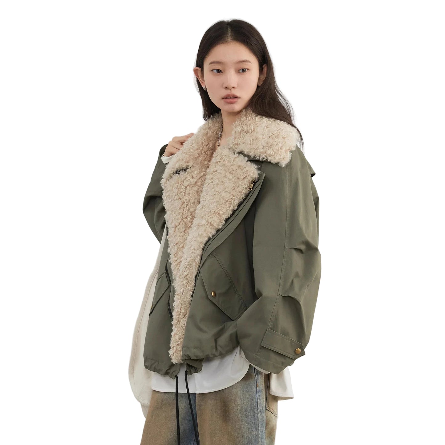 Women's retro motorcycle jacket in olive green with faux fur collar for stylish warmth