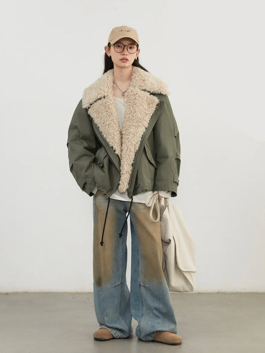 Women wearing a trendy olive green women's retro motorcycle jacket with faux fur collar and relaxed fit