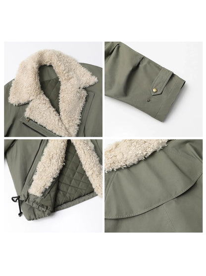 LuckeLadybug women's retro motorcycle jacket in olive green with faux fur collar and quilted lining