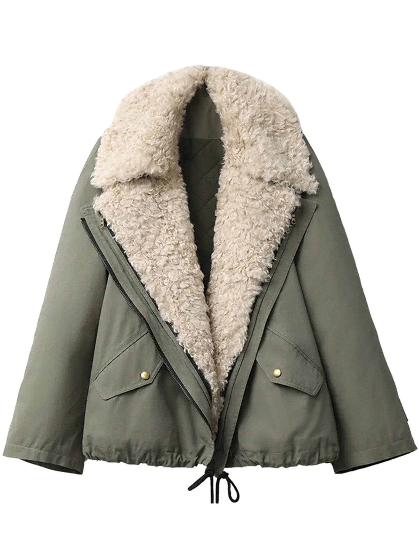 LuckeLadybug women's retro motorcycle jacket in olive green with cozy fur lining and large collar