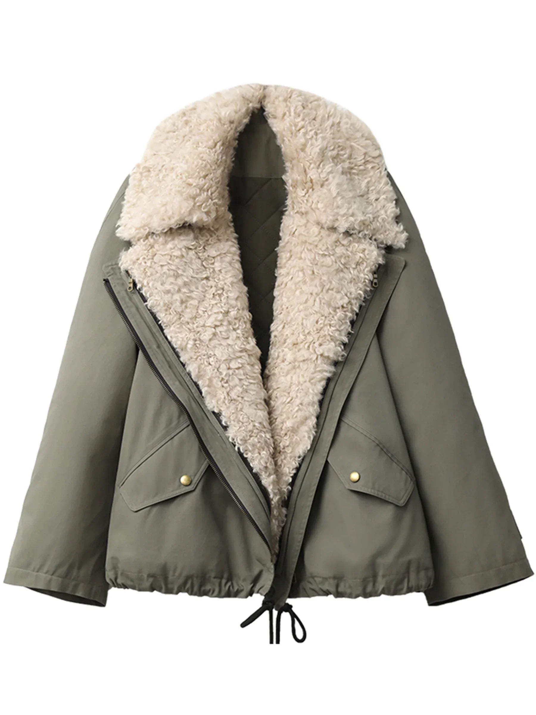 LuckeLadybug women's retro motorcycle jacket in olive green with cozy fur lining and large collar