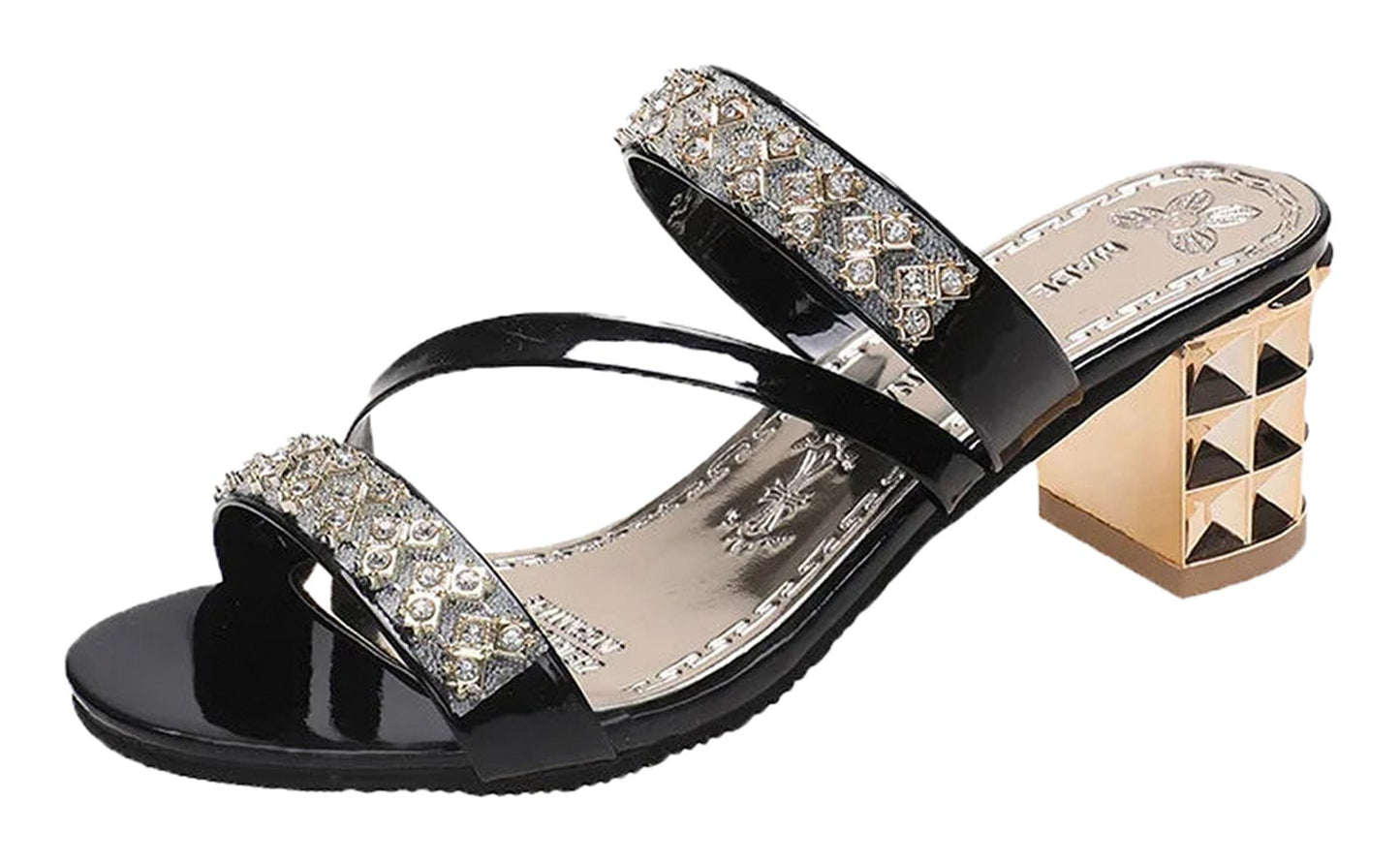 LuckeLadybug LLC women's rhinestone block heel sandals with stylish cross straps and elegant design