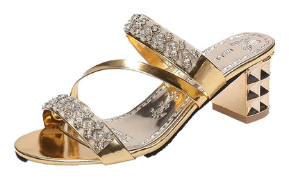 LuckeLadybug women's rhinestone block heel sandals with stylish gold finish and embellished straps