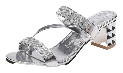 LuckeLadybug women's rhinestone block heel sandals with stylish silver design and decorative embellishments