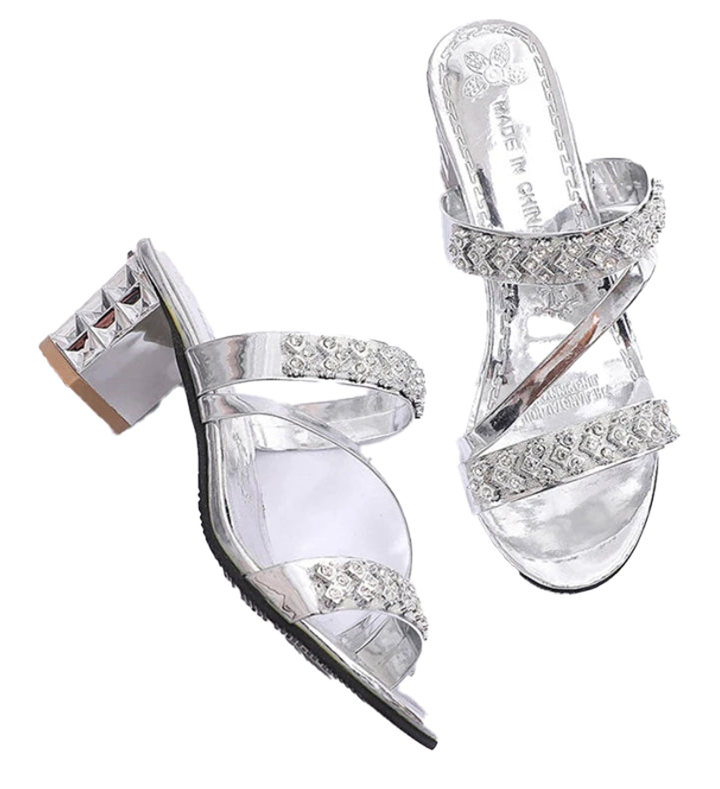 LuckeLadybug women's rhinestone block heel sandals in silver with sparkling embellishments