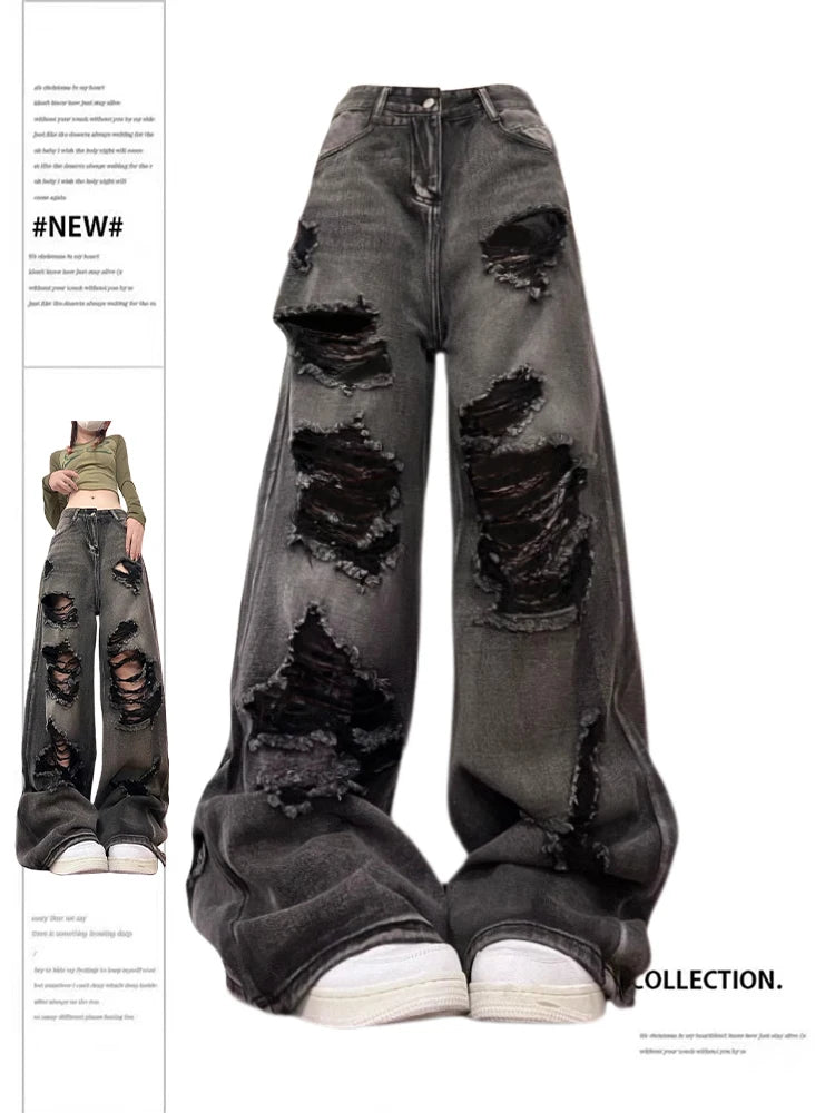 LuckeLadybug women's ripped baggy jeans in gray with distressed design for a trendy look