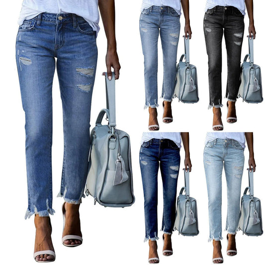 Set of women's ripped straight leg jeans in various washes, perfect for stylish casual outfits
