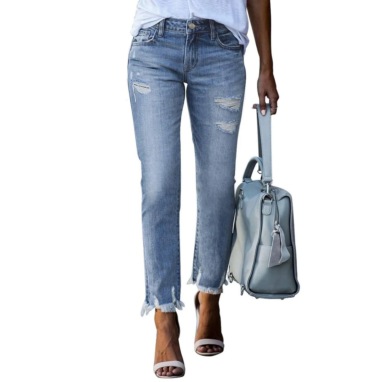 Women's ripped straight leg jeans in light blue with frayed hem for a trendy casual look