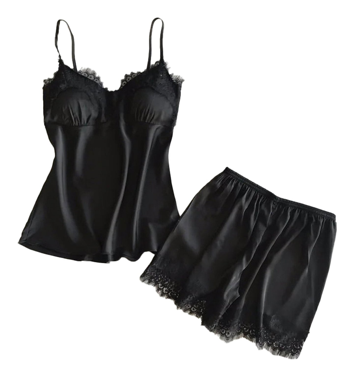 Luxurious women's satin pajama set in black with lace trim for a comfortable sleep experience