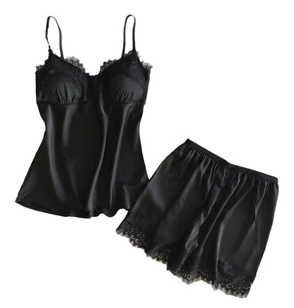 Luxurious women's satin pajama set in black with lace trim for a comfortable sleep experience