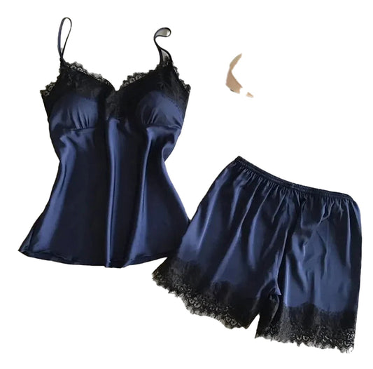 Women's satin pajama set in navy with lace trim featuring a camisole and shorts for comfortable sleepwear