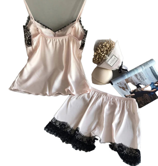 LuckeLadybug women's satin pajama set in pink with black lace details and matching shorts