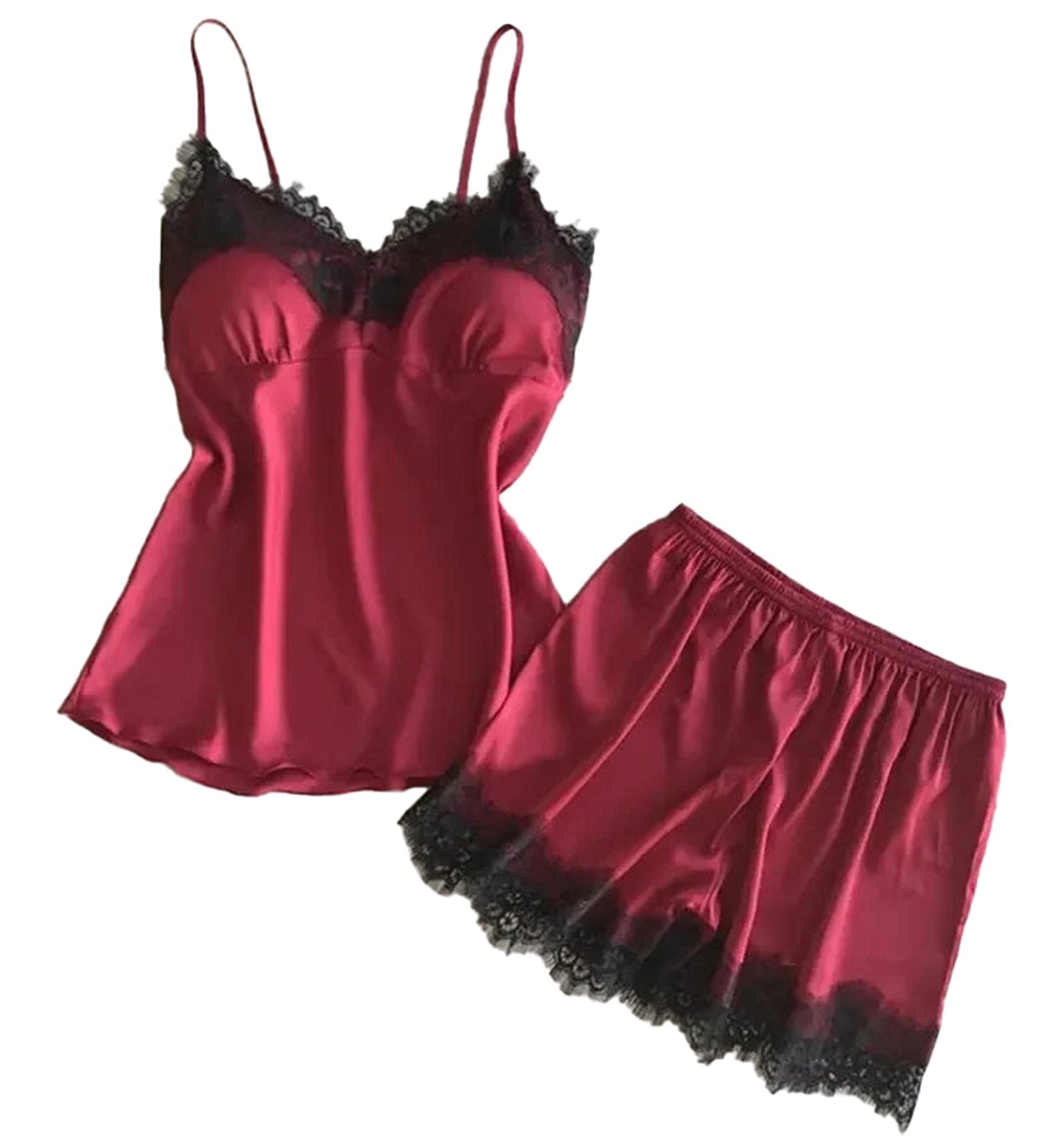 Women's satin pajama set in deep red featuring lace detailing on the top and shorts