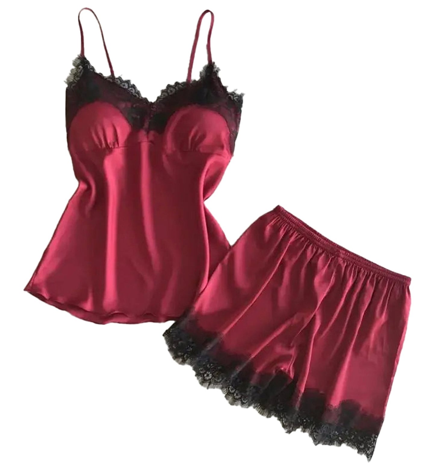 Luxurious red women's satin pajama set with lace trim top and matching shorts for comfort and style