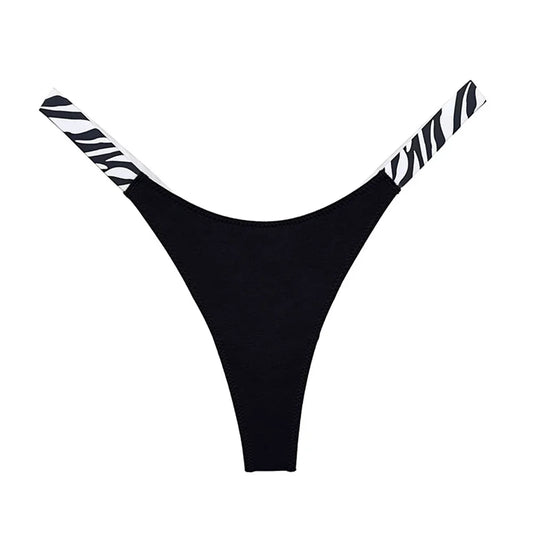 LuckeLadybug LLC women's sexy high cut thong in black with stylish zebra print straps