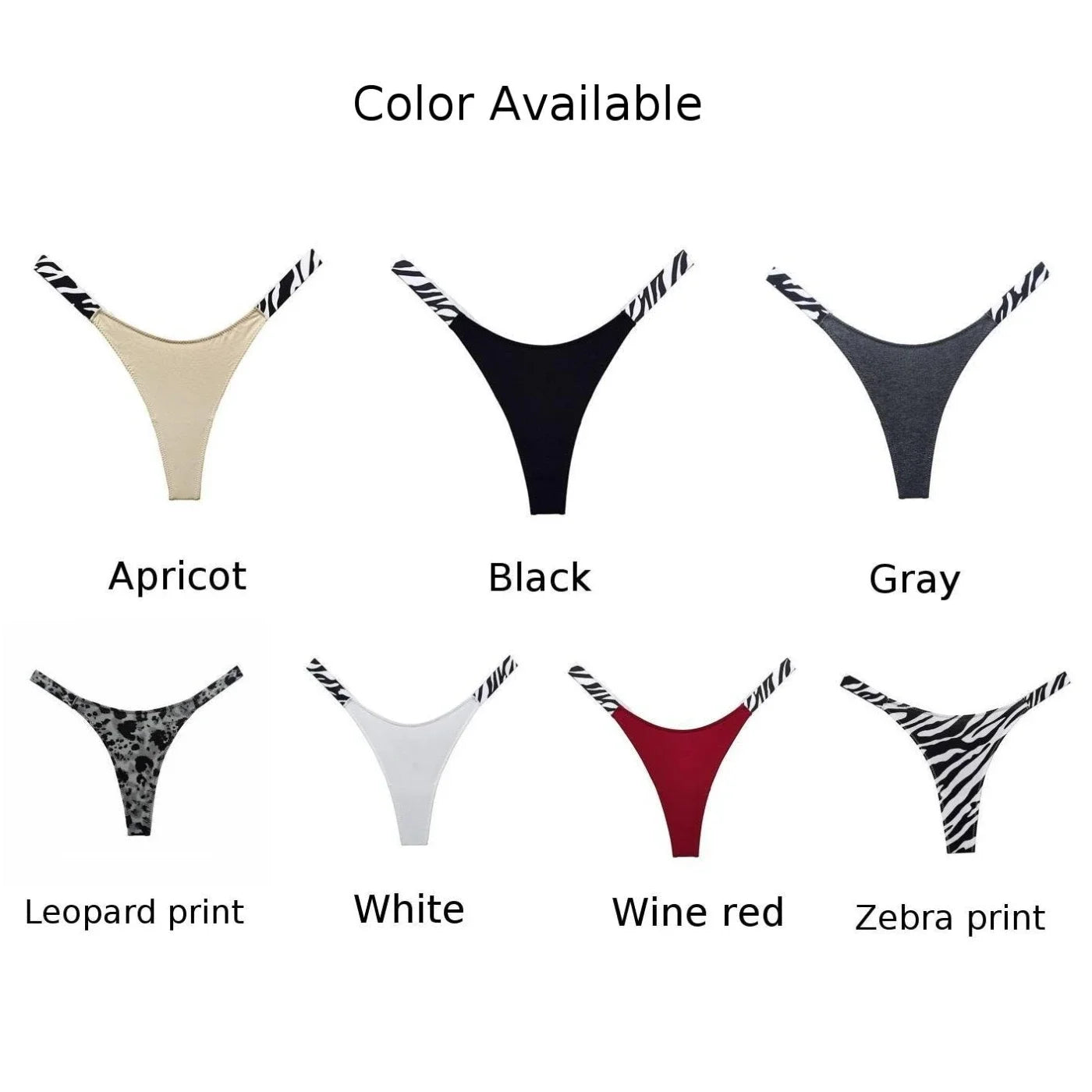 LuckeLadybug women's sexy high cut thong in various colors including apricot, black, gray, and prints