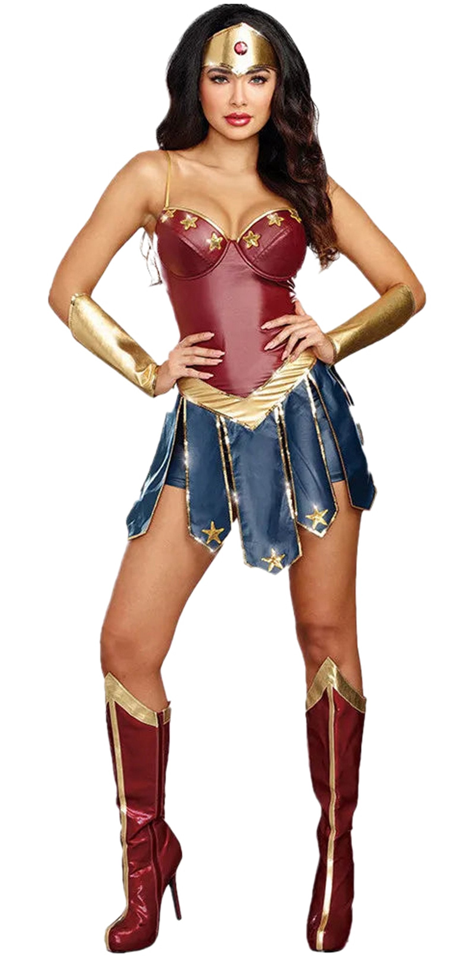 Women in a sexy superhero costume featuring a red and blue design with gold accents for a bold look