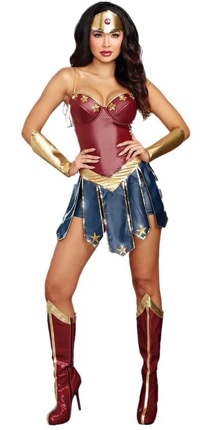 Women in a sexy superhero costume featuring a red and blue design with gold accents for a bold look