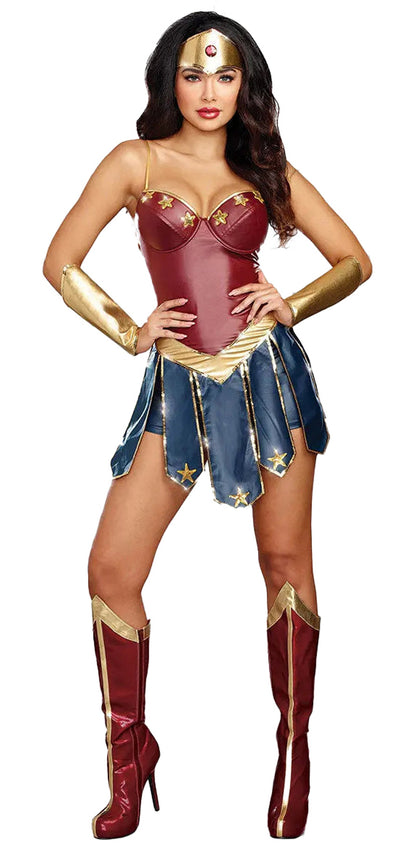 Women's sexy superhero costume featuring a red top, blue skirt, and matching accessories for a bold look