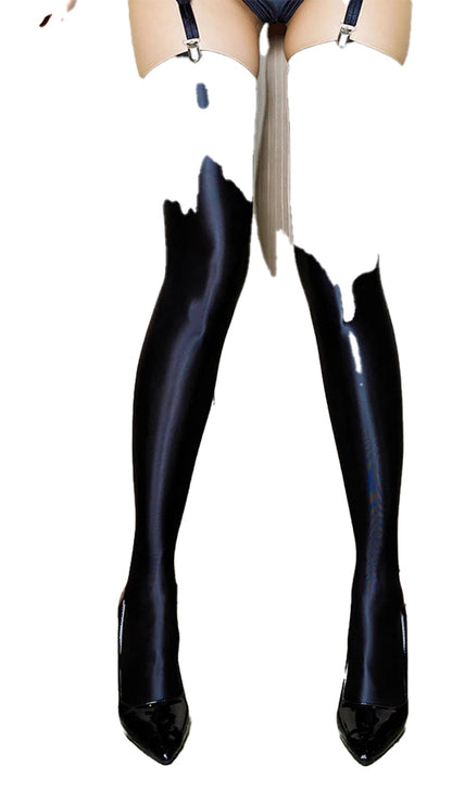 Stylish women's sheer knee high stockings in black with glossy finish for a chic look