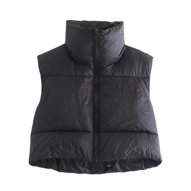 LuckeLadybug women's short down vest in black for stylish and warm winter layering