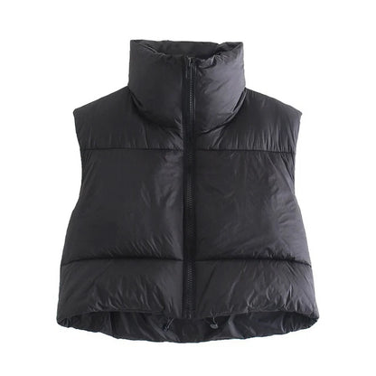 LuckeLadybug women's short down vest in black for stylish and warm winter layering
