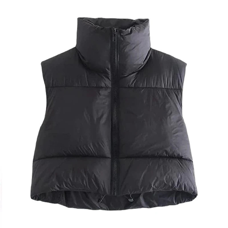 LuckeLadybug women's short down vest in black, featuring a high collar and zip front for added warmth