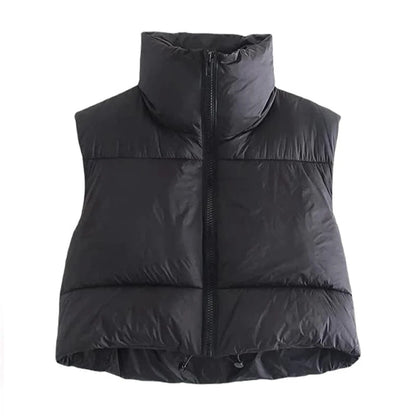LuckeLadybug women's short down vest in black, featuring a high collar and zip front for added warmth