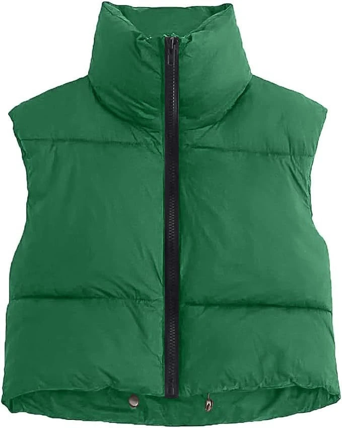 LuckeLadybug women's short down vest in green with high collar and front zipper for stylish layering