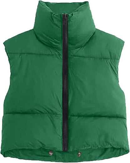 LuckeLadybug women's short down vest in green with high collar and front zipper for stylish layering