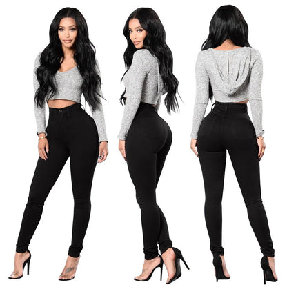 Stylish model showcasing women's skinny jeans high waist in black with a flattering fit