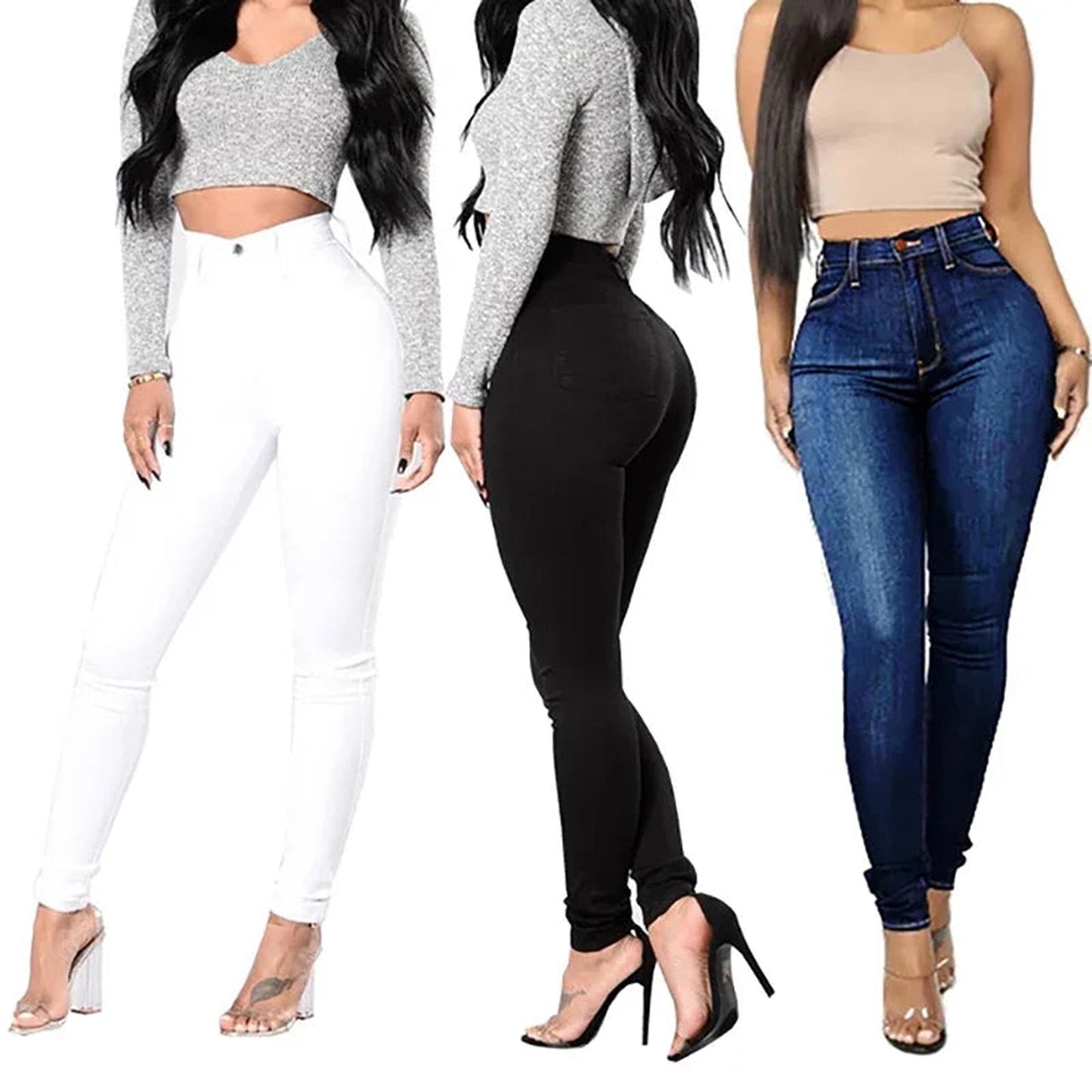 Three models showcasing women's skinny jeans high waist in white, black, and blue denim styles