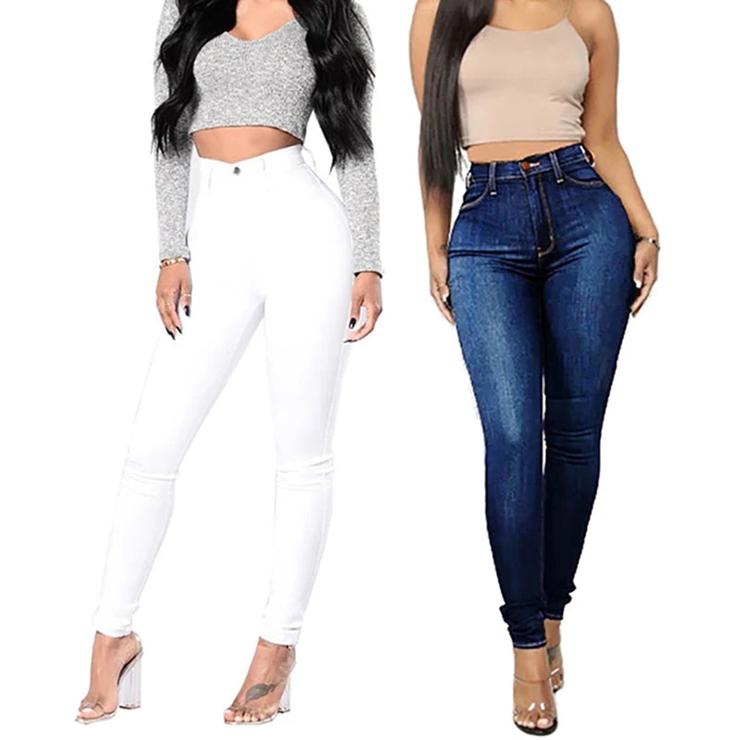 Two pairs of women's skinny jeans high waist, one in white and one in blue, styled with crop tops
