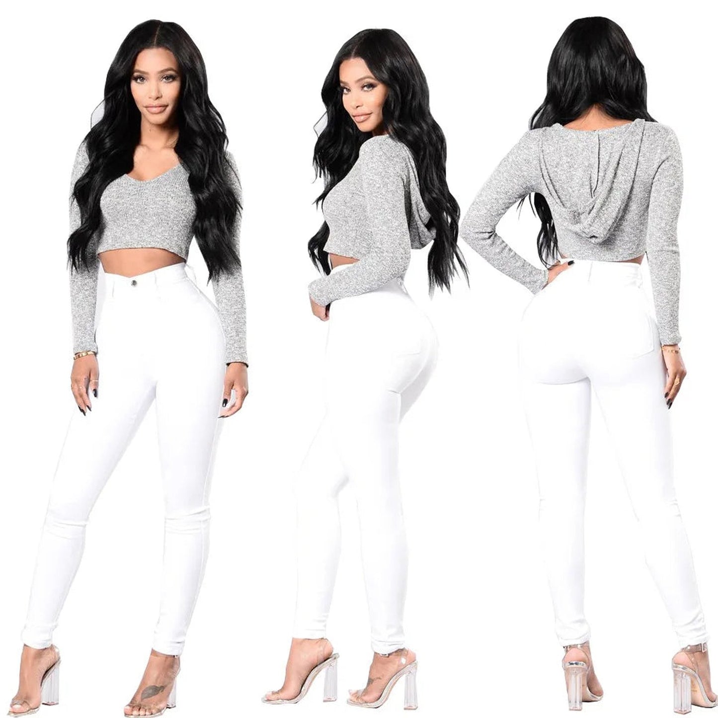Model showcasing women's skinny jeans high waist in white, paired with a stylish gray crop top