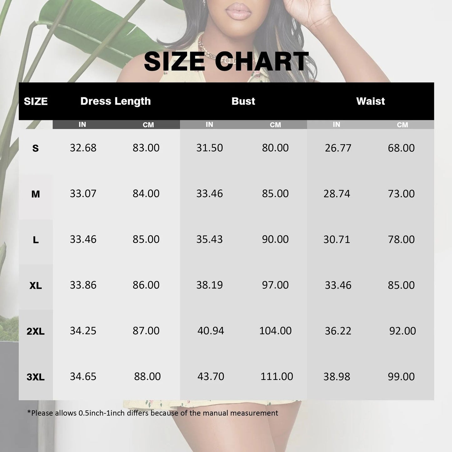 Size chart for women's sleeveless floral mini dress showing various measurements for different sizes