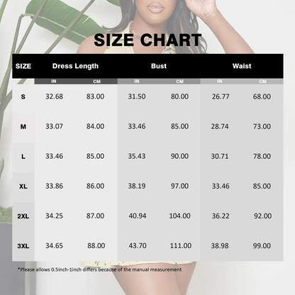 Size chart for women's sleeveless floral mini dress showing various measurements for different sizes