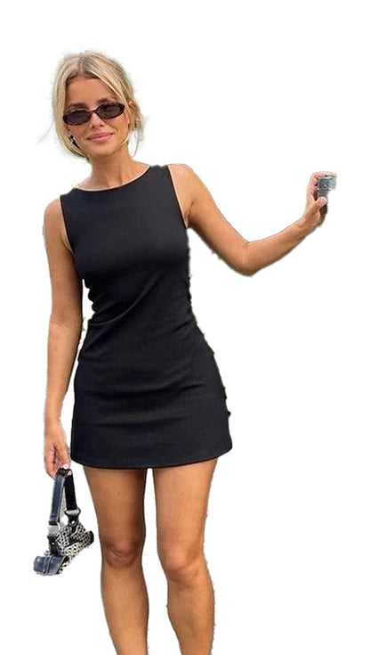 Model wearing a black LuckeLadybug women's sleeveless knit dress for a stylish summer look