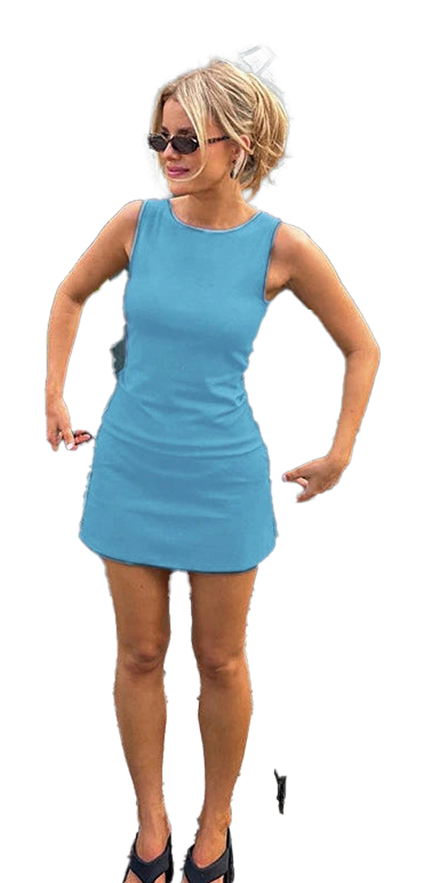LuckeLadybug LLC women's sleeveless knit dress in blue, perfect for summer outings and casual wear